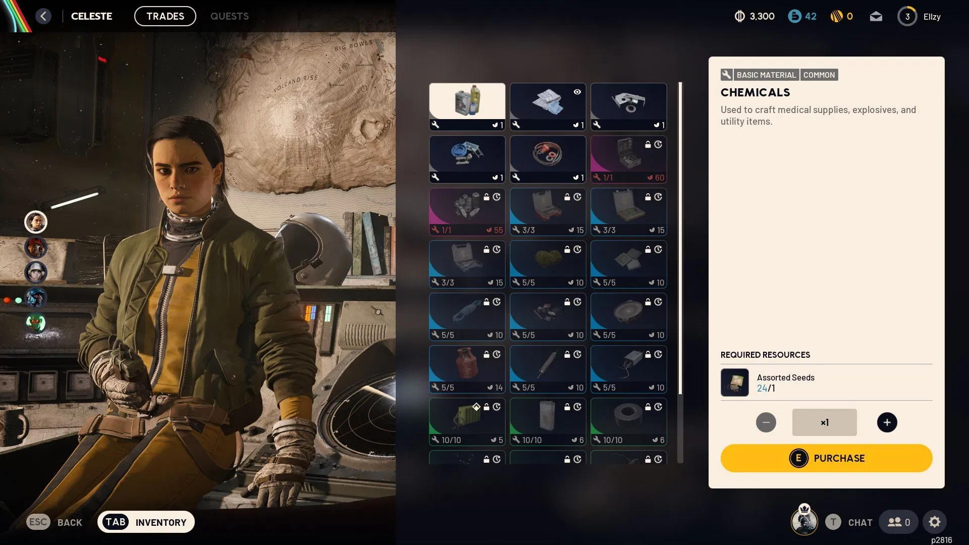 A screenshot of the 'Arc Raiders' trades menu, with the trader Celeste seated at left and a grid of purchasable crafting materials on the right.