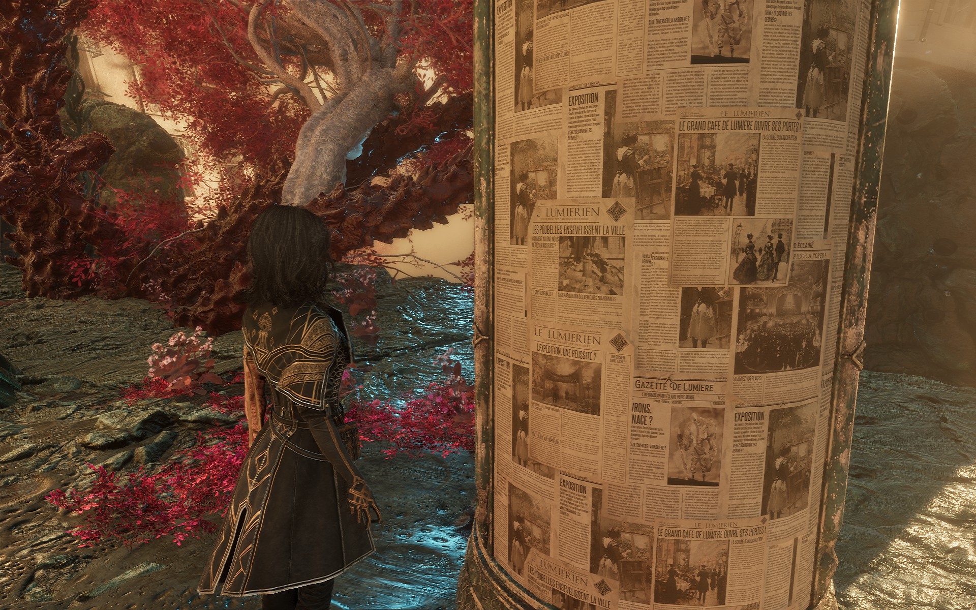 A character in a flowing dark and gold coat stands beside a tall pillar plastered with vintage French-language newspaper clippings, with red coral-like foliage and a stylised tree in the background.
