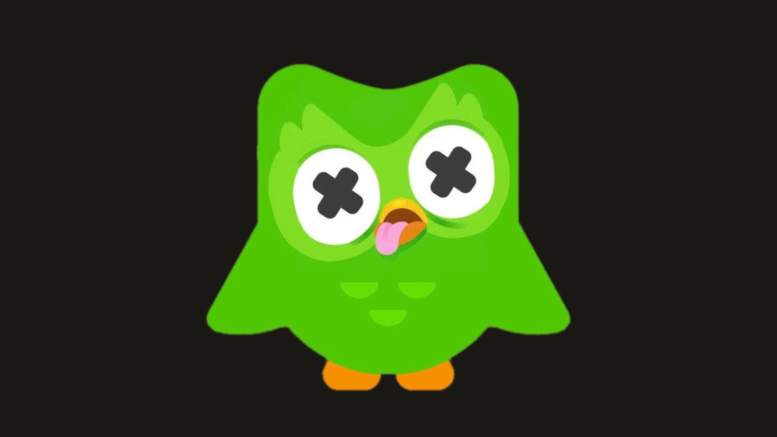 Duolingo's mascot Duo during the February 2025 death campaign: the green owl with crossed-out eyes, alone on a dark background.