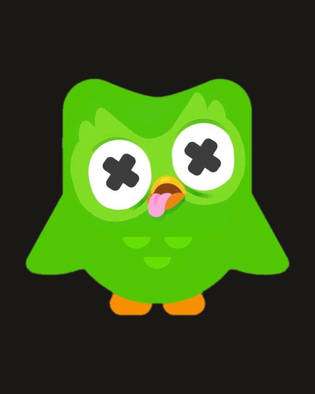 Duolingo's mascot Duo as depicted during the February 2025 death campaign: the green owl with crossed-out eyes and its tongue hanging out