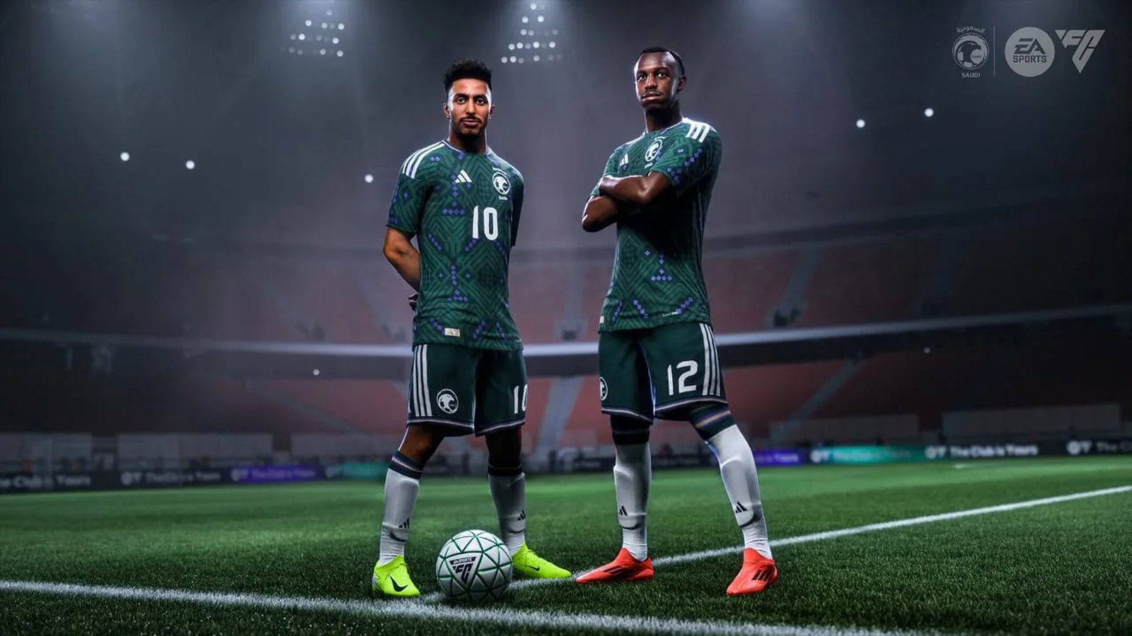 Two Saudi national team players on a floodlit pitch in EA Sports FC 26