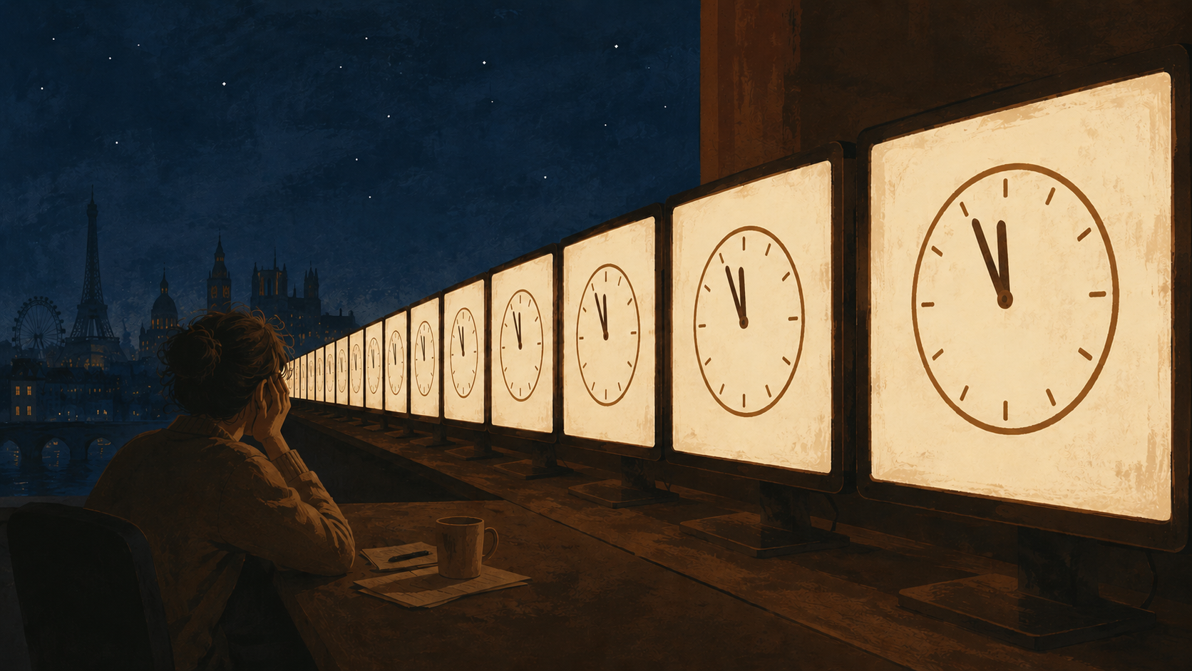 A figure at night watching screens that all read five to midnight
