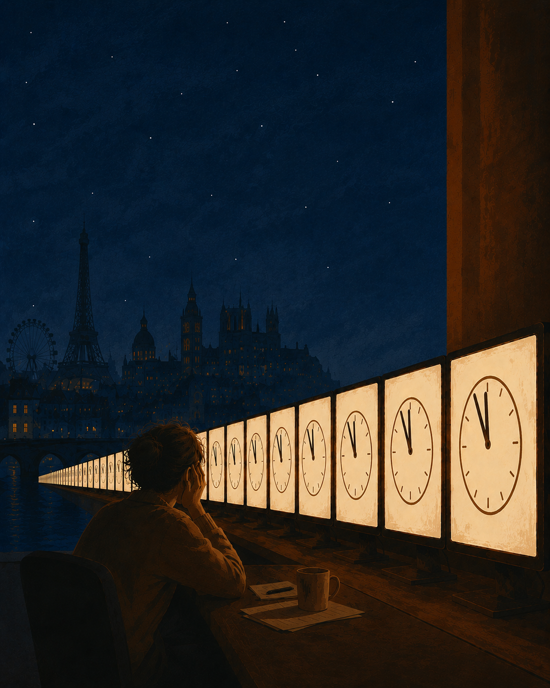 A figure slumped over a coffee at night, watching a row of glowing screens that all show the same clock reading five to midnight, a European skyline behind them
