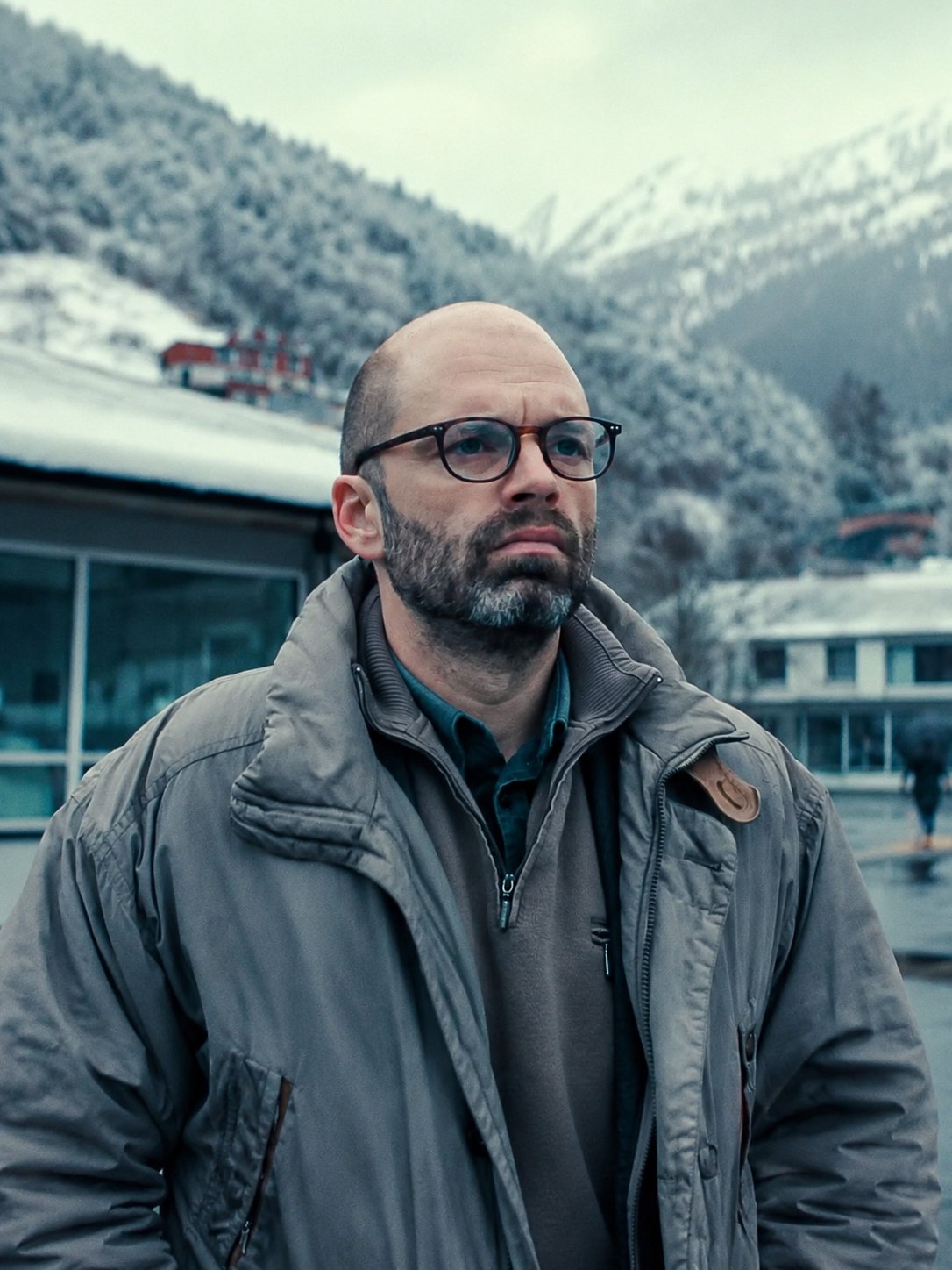 Sebastian Stan in 'Fjord', bald and bearded with glasses, against a Norwegian fjord landscape