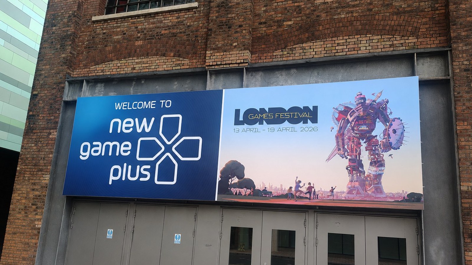 The New Game Plus venue entrance at Exhibition White City, with the London Games Festival 2026 banner above the doors