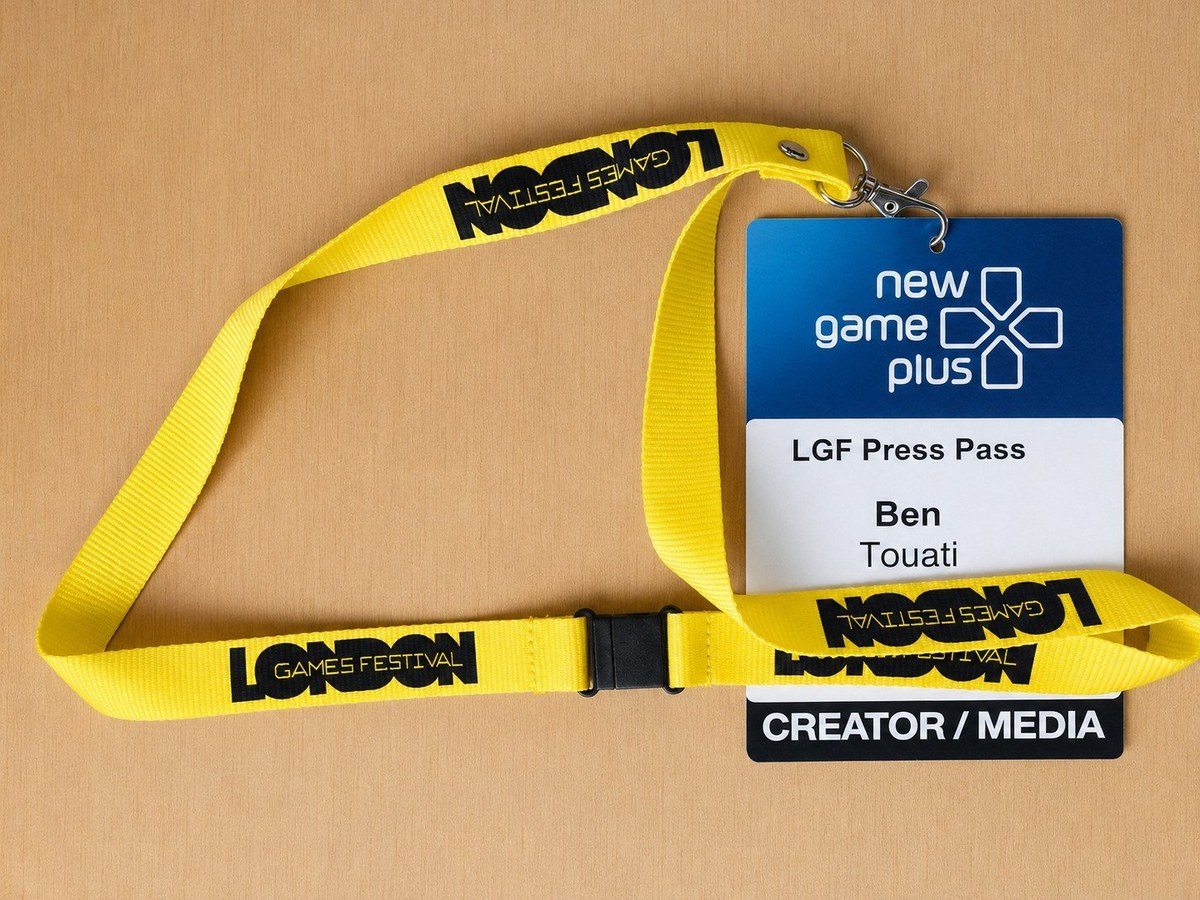 Ben Touati’s LGF 2026 press pass — Creator/Media credential on yellow London Games Festival lanyard