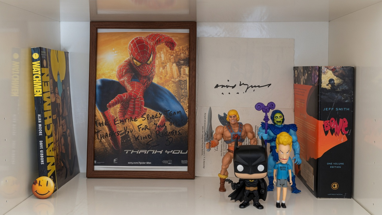 The shelf above the author's desk: comics, figures, and a signed Spider-Man poster