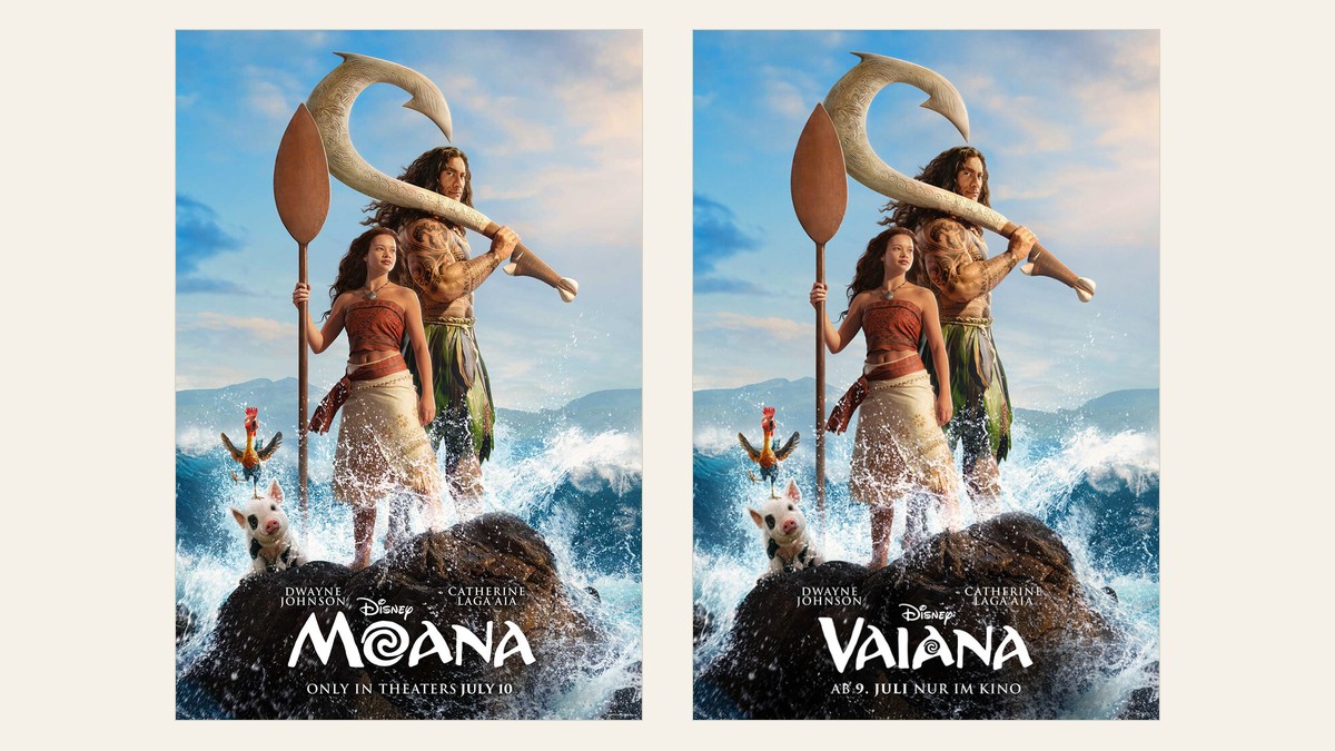 Two official Disney one-sheets for the same 2026 film shown side by side: the American poster titled Moana and the German poster titled Vaiana