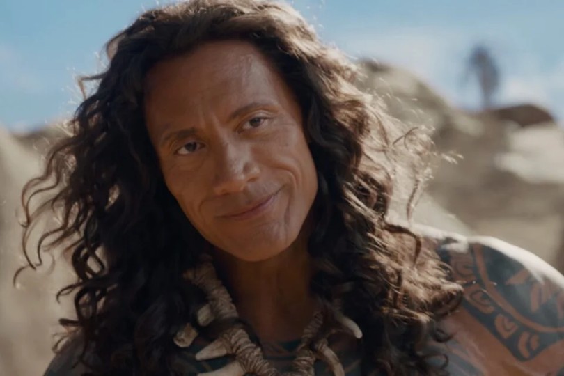 Dwayne Johnson as the demigod Maui in Disney's 2026 live-action film, in long wig and prosthetic body suit
