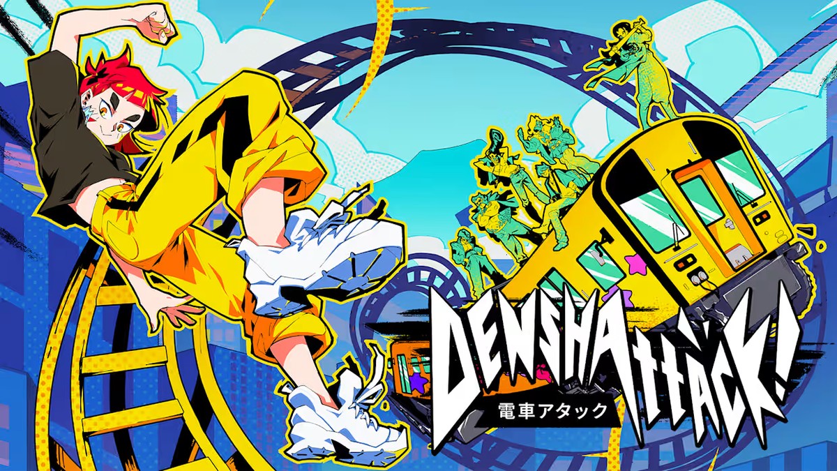 Official Denshattack! key art: a graffiti-covered Japanese commuter train mid-trick beneath the game's logo.