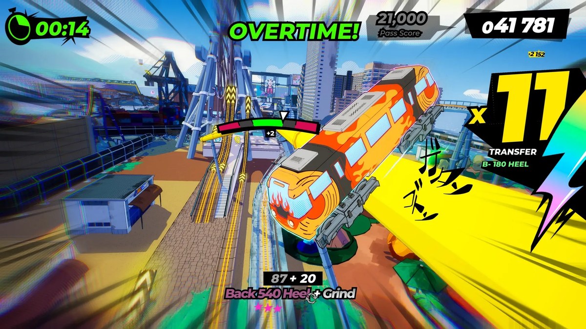 Denshattack! gameplay: an orange commuter train mid-air above a yellow rail, with an x11 combo counter and the trick name Back 540 Heel plus Grind on screen