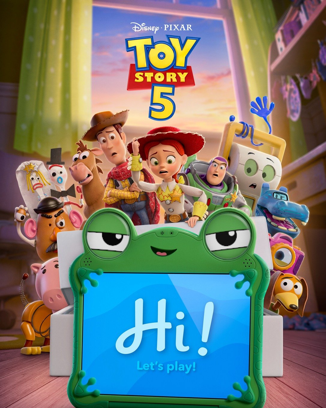 The 'Toy Story 5' payoff poster, Lilypad the tablet looming over the worried toys