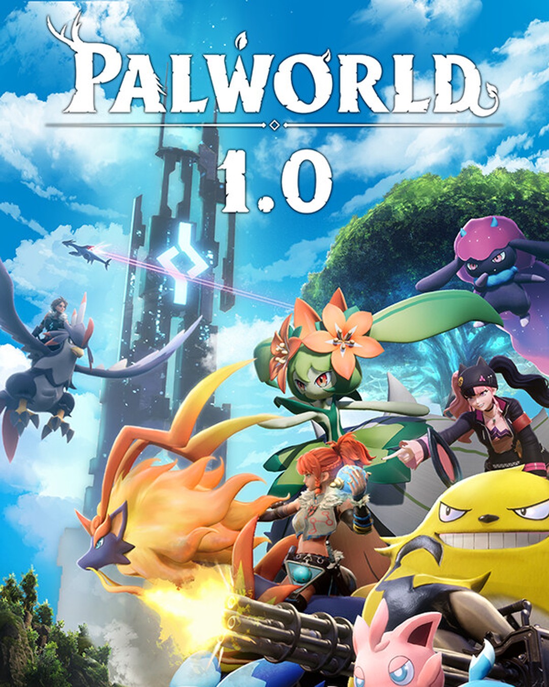 Official Palworld 1.0 vertical key art with the World Tree