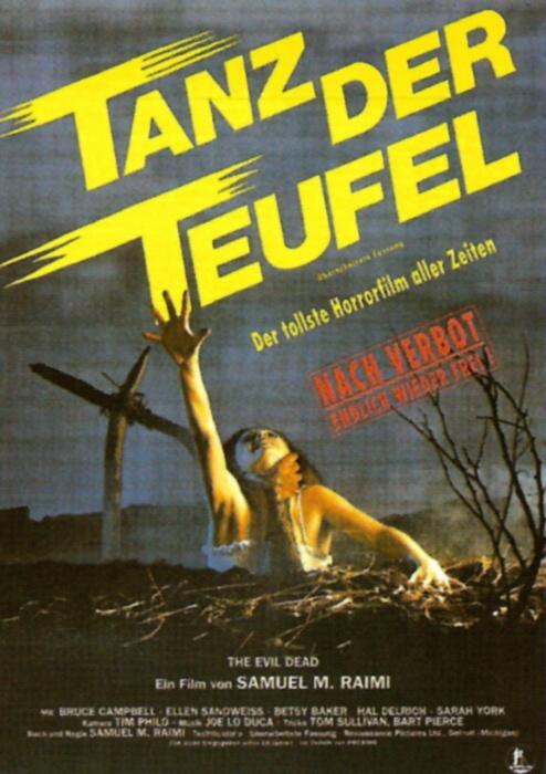 German theatrical poster for 'Tanz der Teufel', the Evil Dead, featuring a clawed hand reaching from the earth in front of a wooden cross under a yellow sky