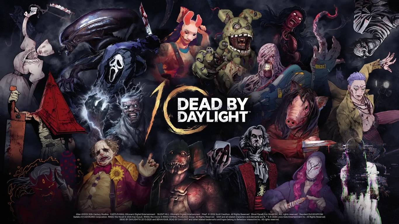 Dead by Daylight tenth-anniversary key art, a crowd of licensed horror killers around a gold 10 and the Dead by Daylight logo