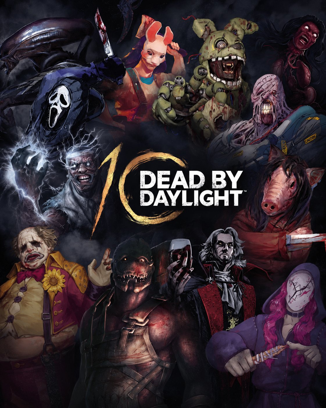 Dead by Daylight 10th anniversary key art, a crowd of licensed horror killers around a gold 10 and the Dead by Daylight logo