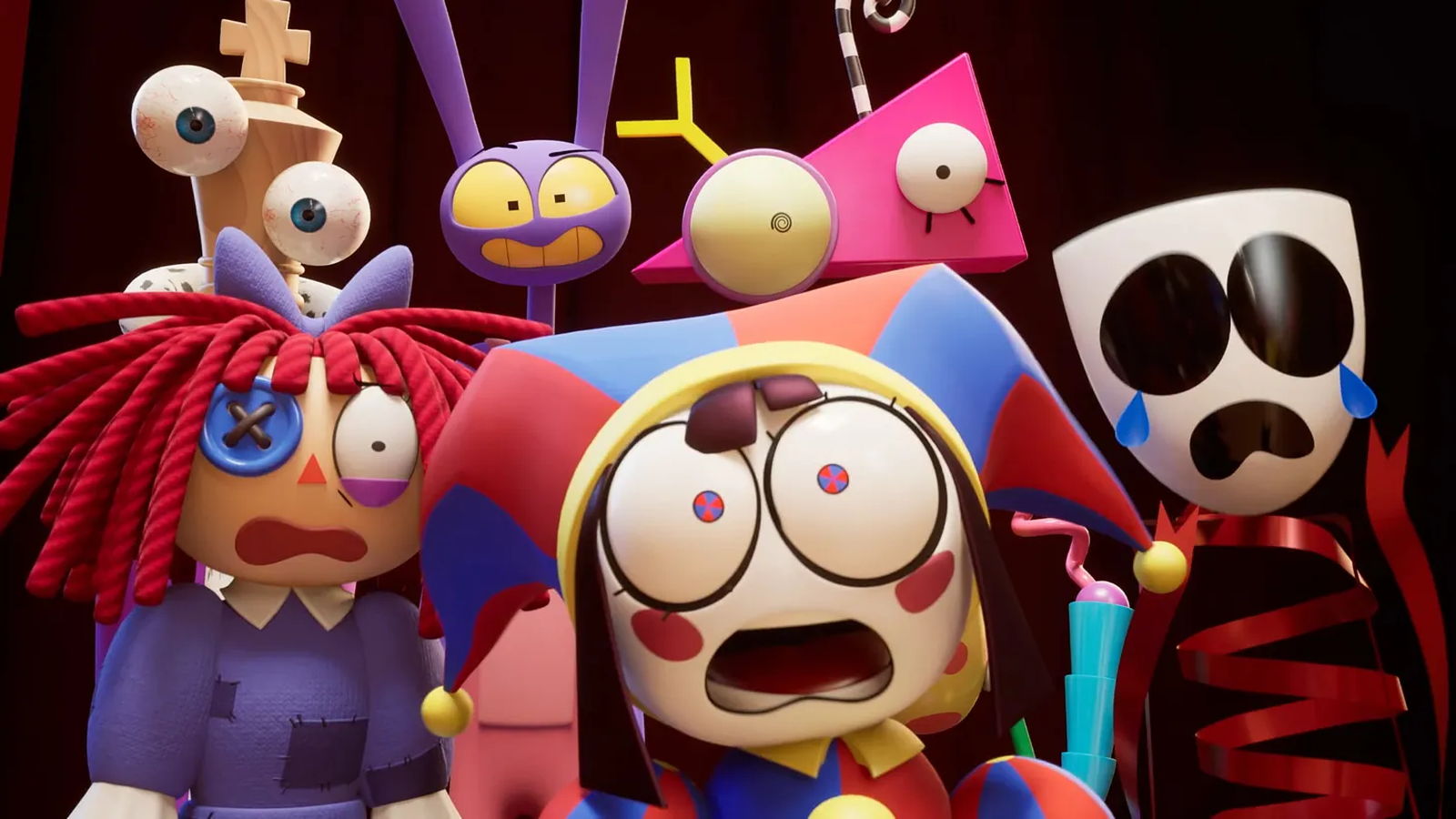 Key art from The Amazing Digital Circus: Pomni and the cast inside the virtual circus