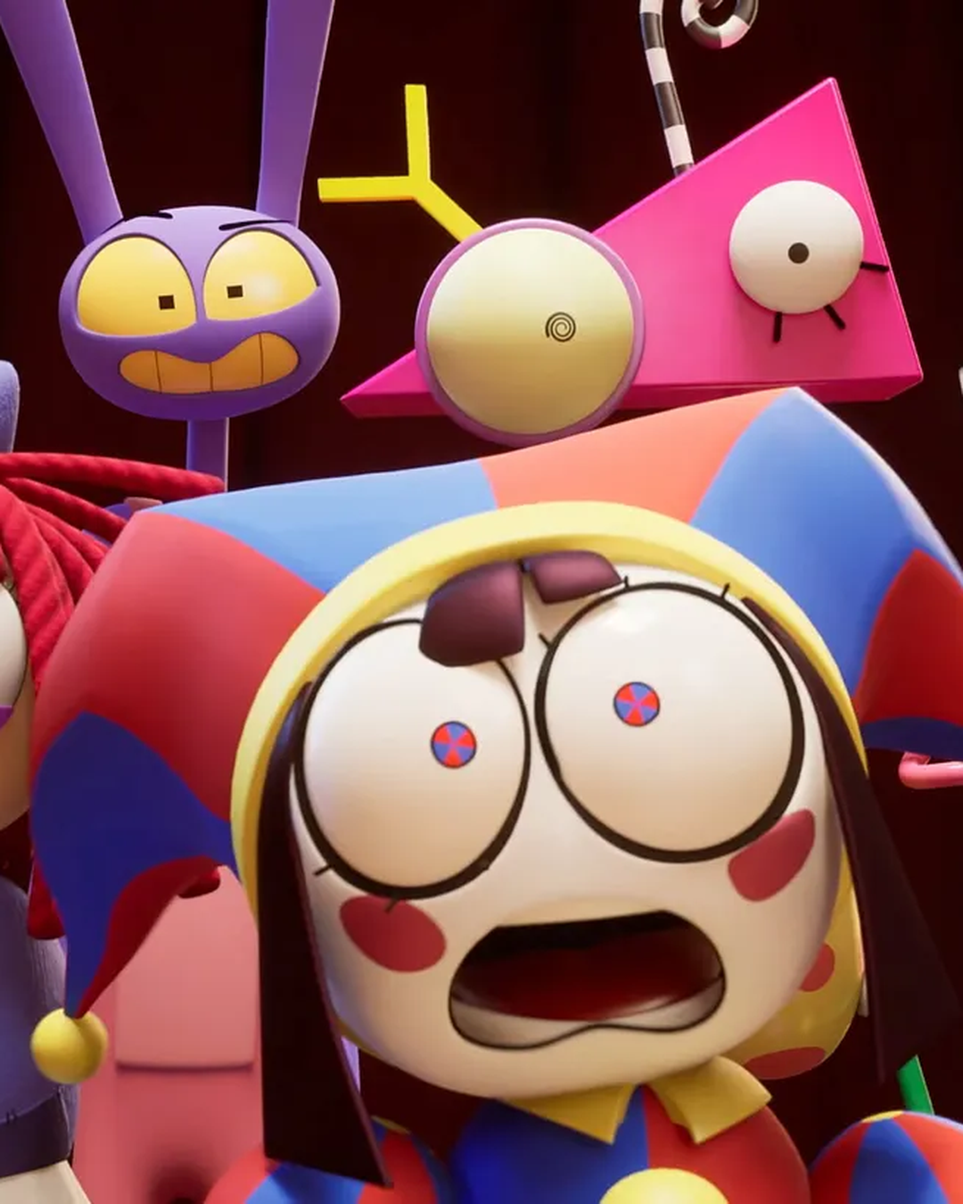 Key art from The Amazing Digital Circus: Pomni and the cast inside the virtual circus