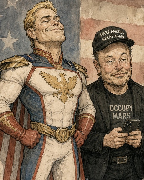 Editorial illustration: Homelander beside an Elon Musk-shaped Disruptor in an all-black MAGA cap, on the set of a fictional Culture War Hour television show