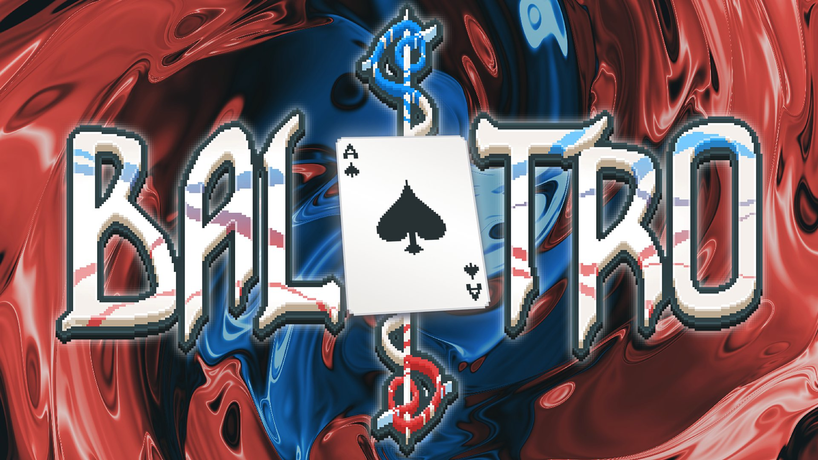 Balatro key art, an Ace of Spades on a swirling red and blue background