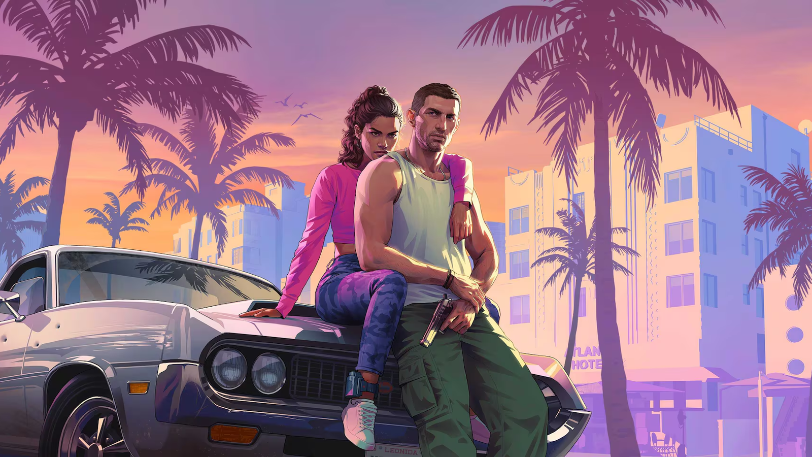 Grand Theft Auto VI key art: Jason and Lucia in Vice City
