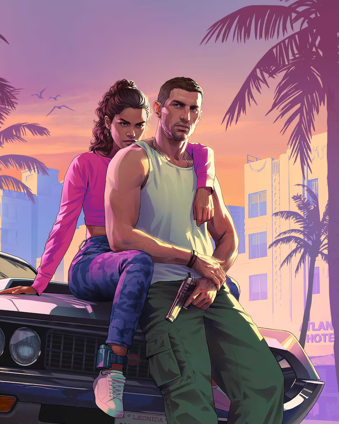 Grand Theft Auto VI cover art: the criminal couple Jason and Lucia in Vice City