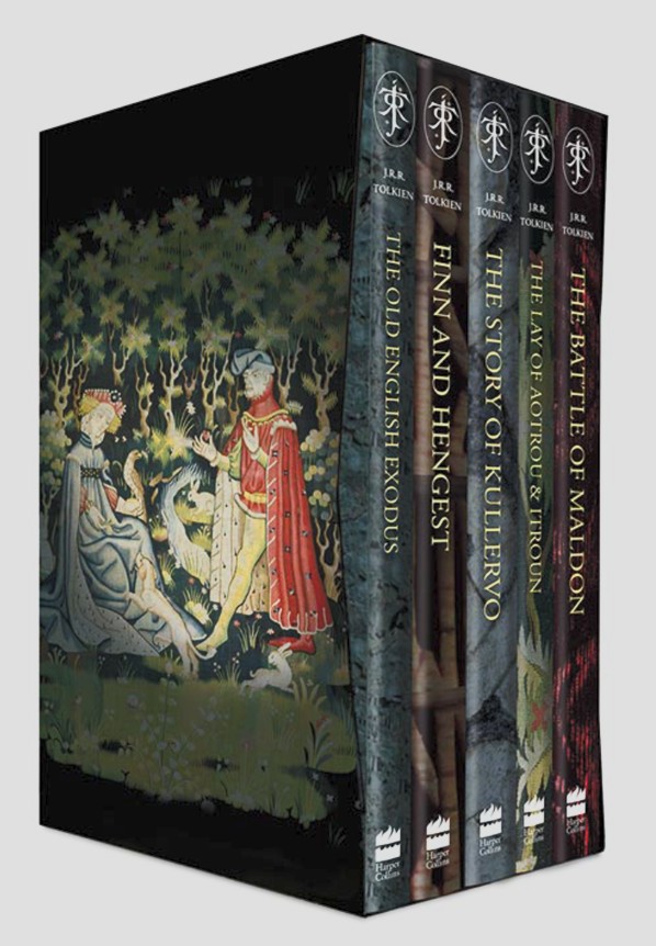 The Christopher Tolkien Centenary boxed set, showing five hardback volumes with a medieval tapestry illustration on the slipcase.