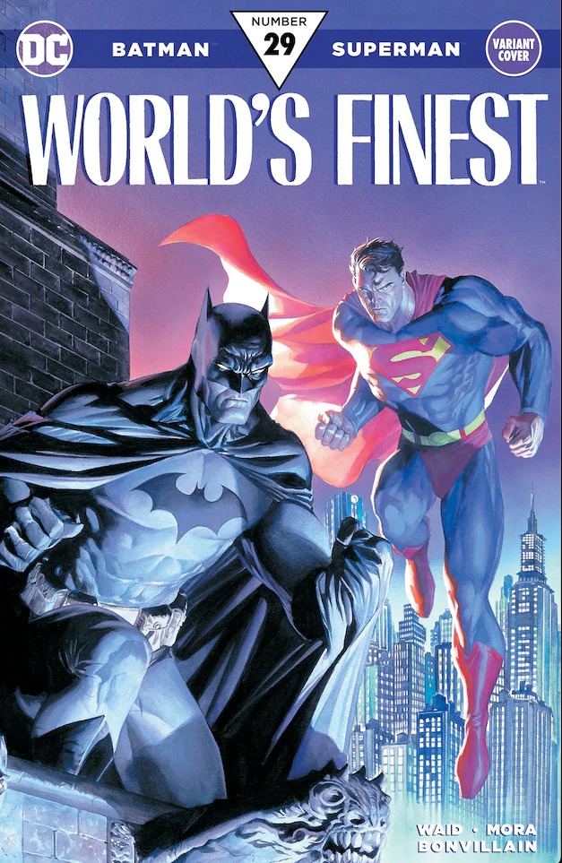 Painted variant cover showing Batman crouched on a Gotham gargoyle in the foreground while Superman flies in from behind, red cape catching the light. Both heroes loom over a stylised cityscape under a purple-blue sky.