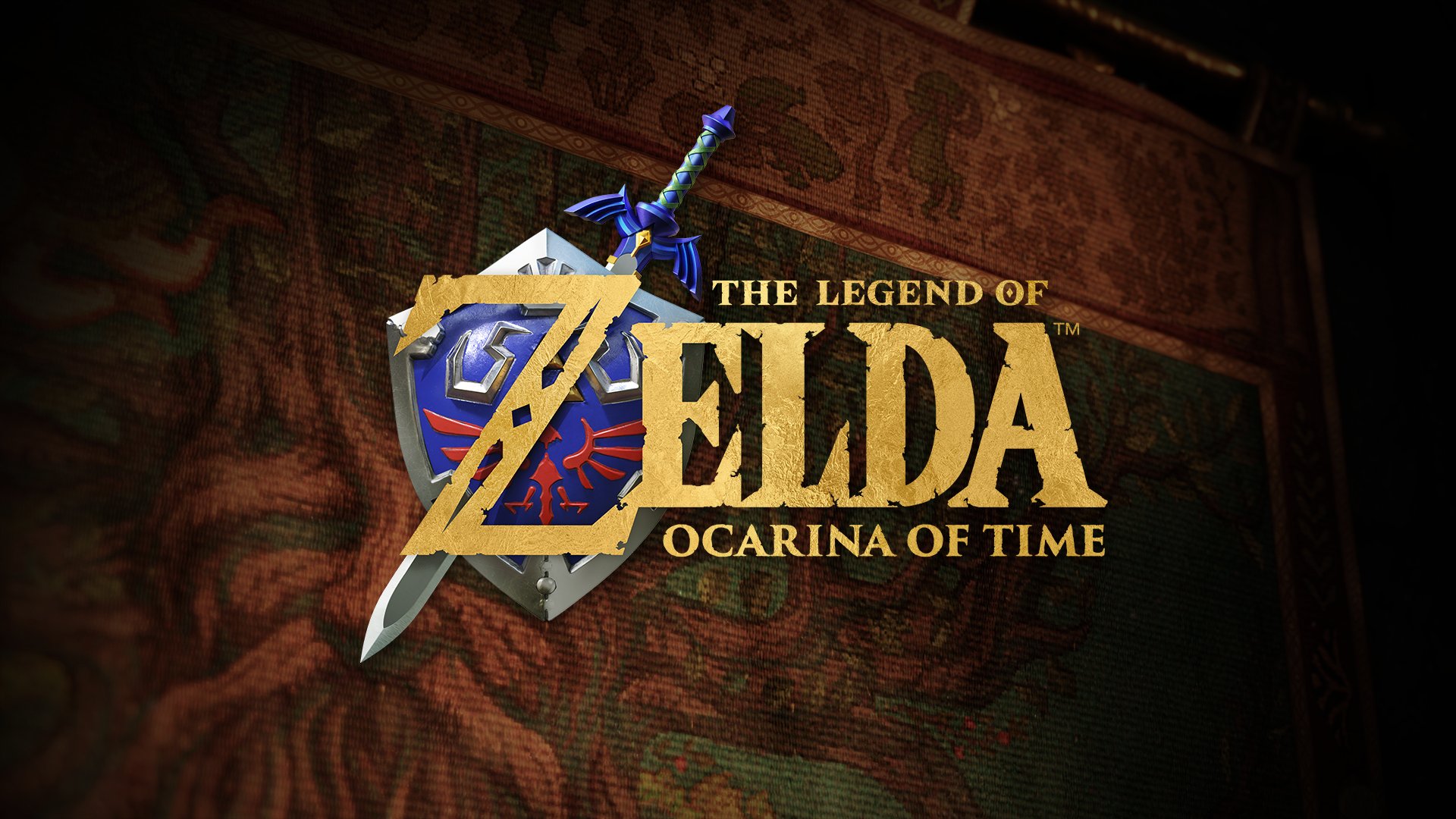 The 'Ocarina of Time' title logo in gold on a red Hyrule tapestry