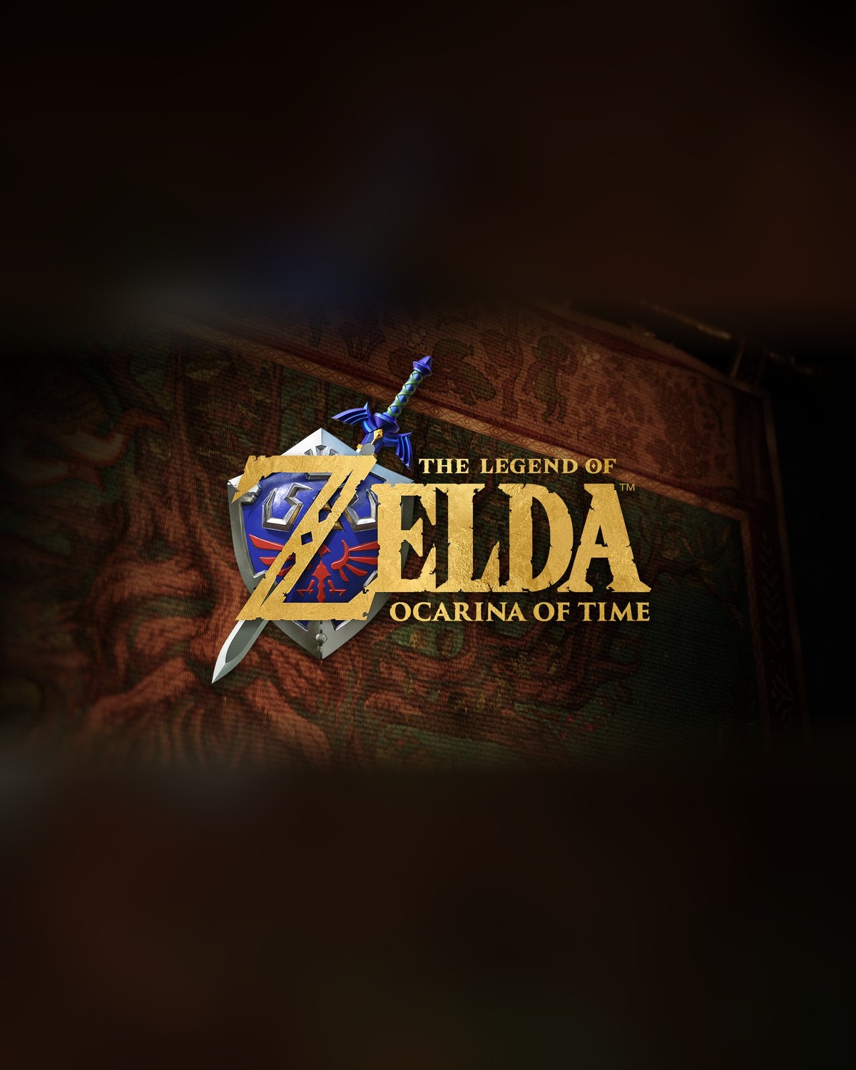 The 'Ocarina of Time' title logo, the Master Sword crossed over the Hylian Shield in gold, set against a deep red woven Hyrule tapestry