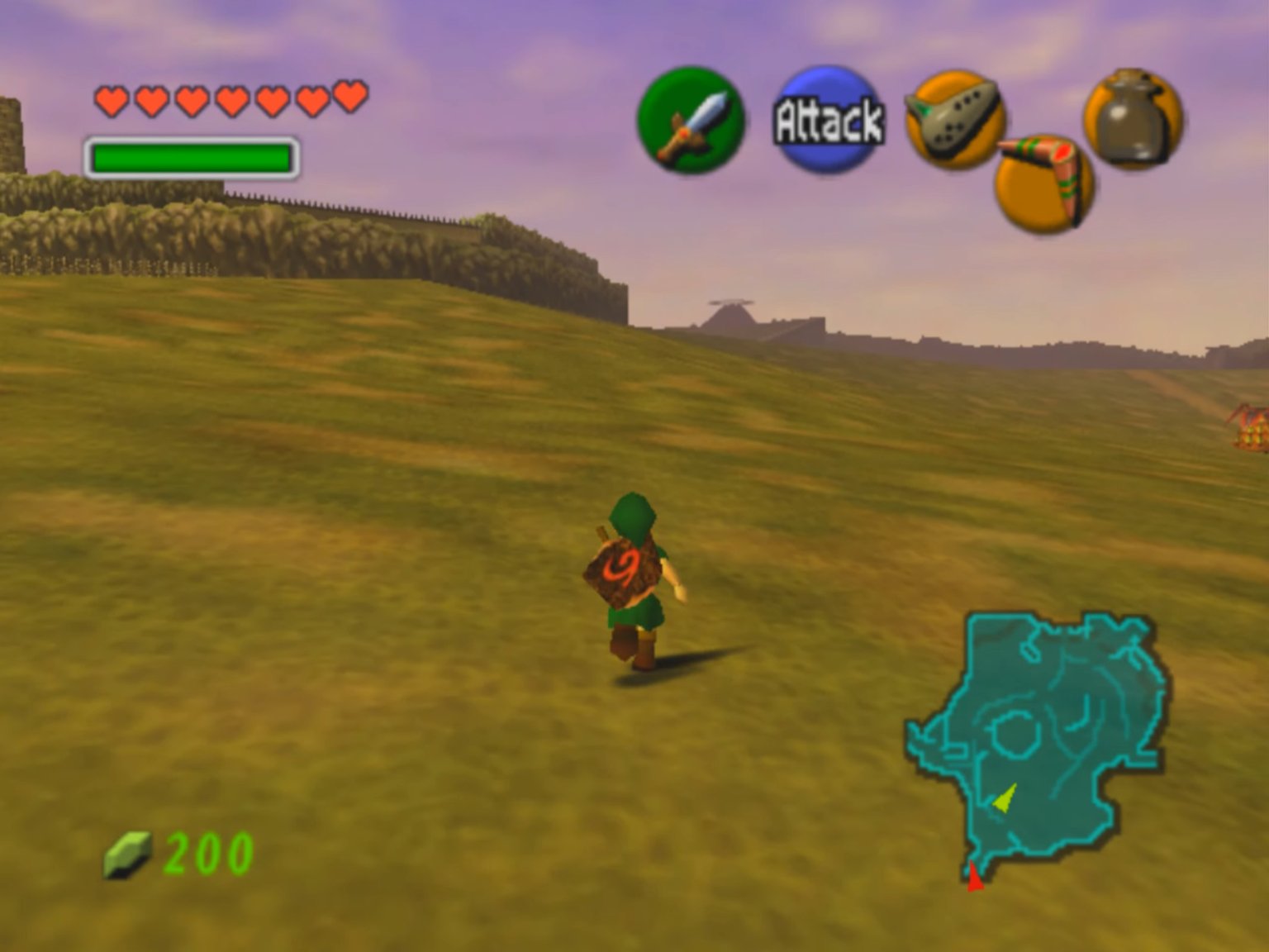 Hyrule Field in the original 1998 Nintendo 64 'Ocarina of Time', the horizon dissolving into draw-distance fog.