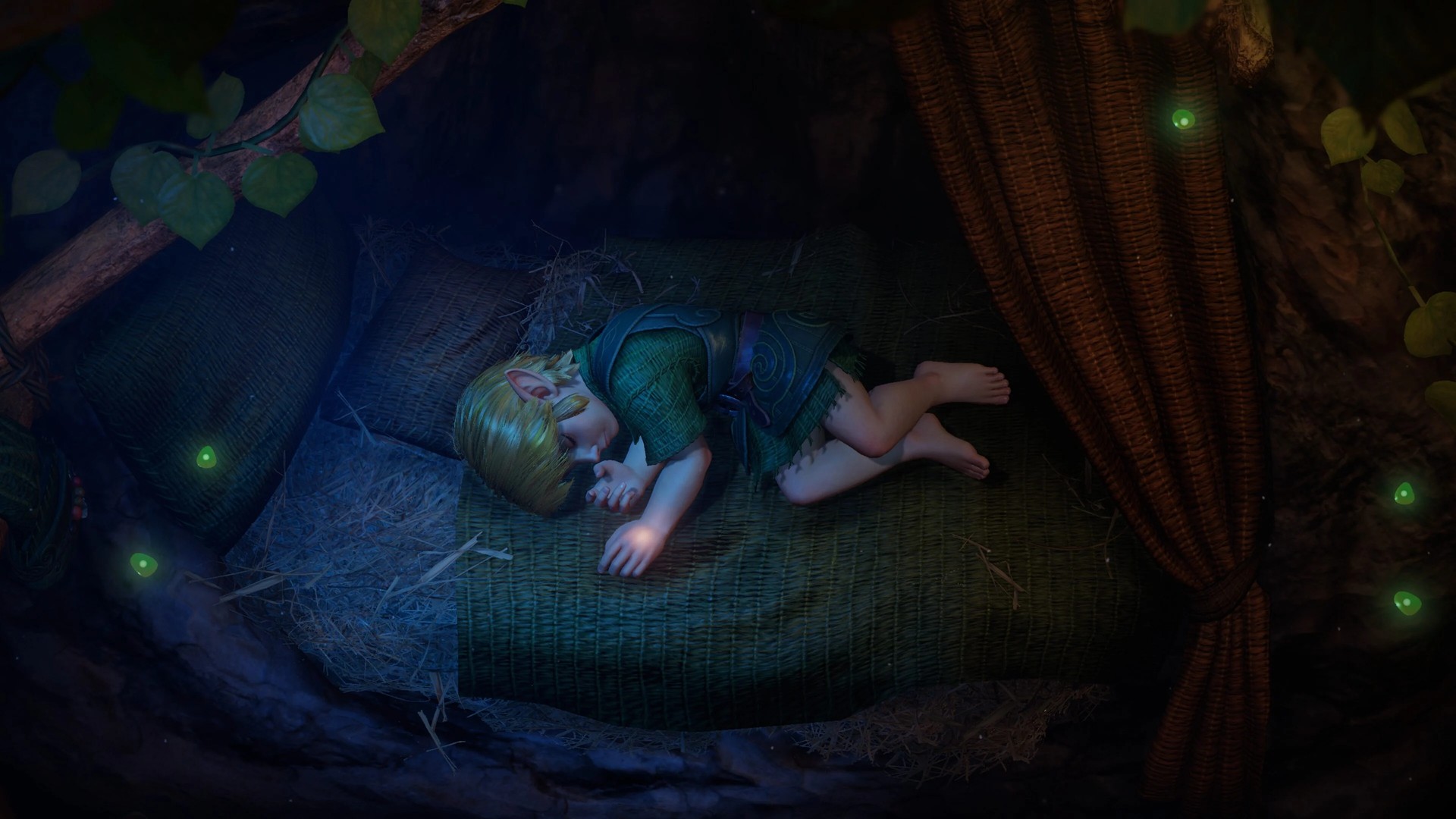 Young Link asleep on a woven mat in the dim hollow of his Kokiri Forest treehouse, in an embroidered green tunic, fireflies drifting around him, from the 'Ocarina of Time' remake.